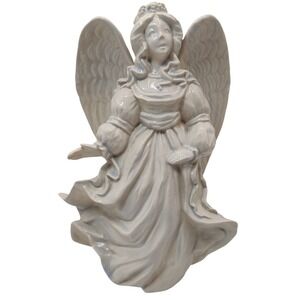 Vintage Ceramic Angel Statue Figurine Ivory Hint of Blue 1990s Handmade‎ SEE